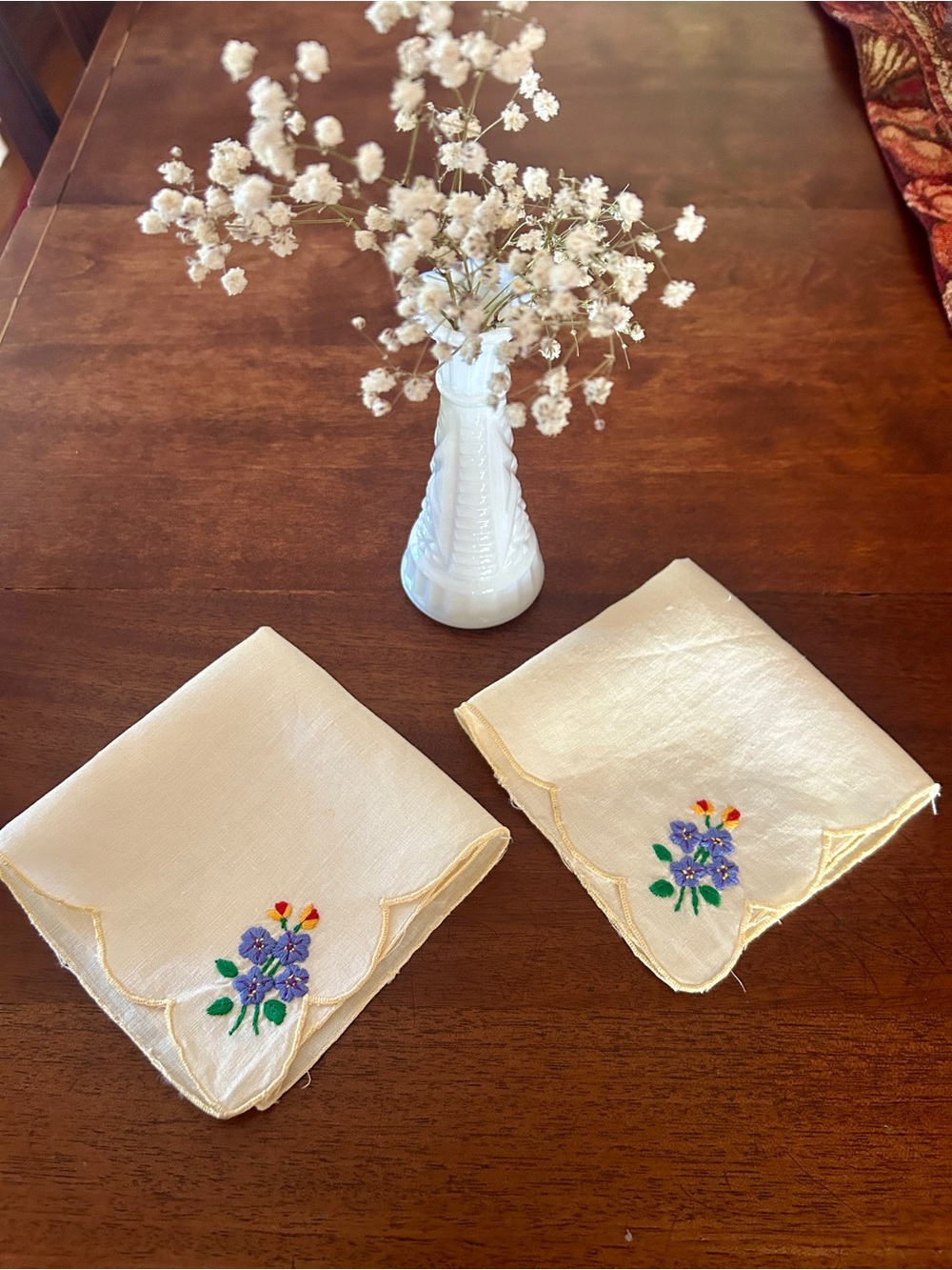 Vintage Ecru Floral Hand Embroidered Women's Handkerchiefs - Set of 2